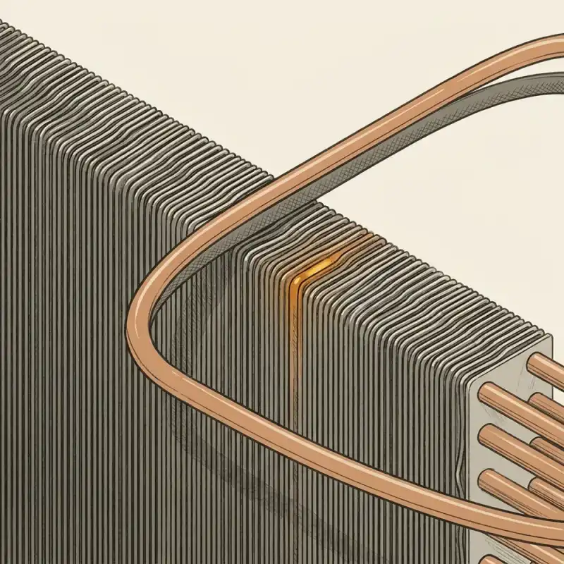 Illustrated close-up of a condenser coil's fin stack and a length of copper line-set, in a warm graphite ink-line style. A stylised study, not a photograph of any real equipment.