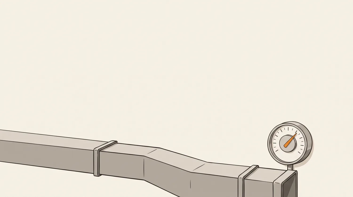 Illustrated line drawing of a duct run entering from the left and connecting to a round wall-mounted thermostat dial, rendered in warm graphite and ivory tones with a single amber highlight on the dial needle. No people, premises or company markings shown; a stylised study, not a photograph.