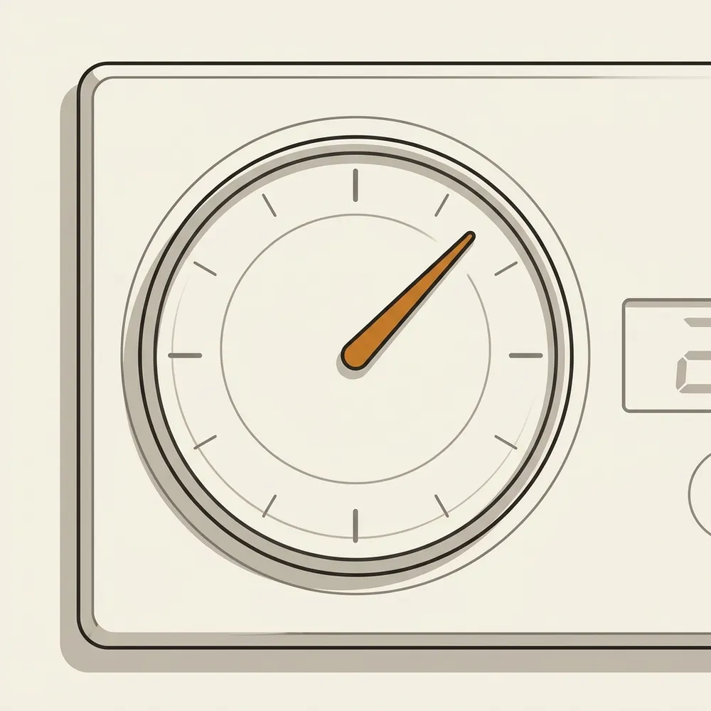 Illustrated close-up of a single wall-mounted thermostat dial, centred, rendered in the same warm graphite and ivory line style as the hero. A stylised study, not a photograph.